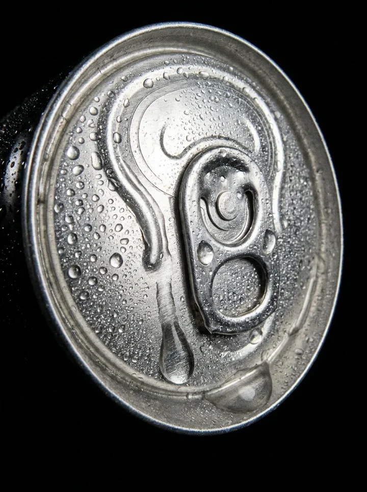 Extreme close-up of a wet can top on black