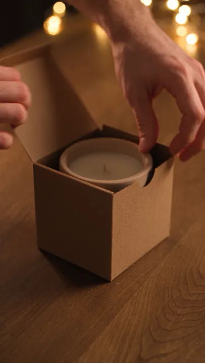 Hands lifting a candle out of a kraft box, string lights blurred behind